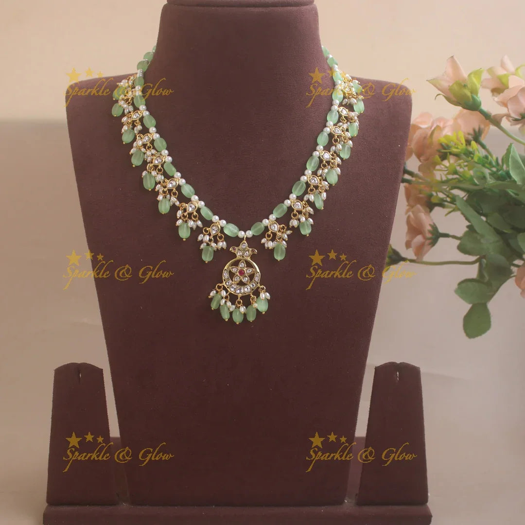 Statement Moon Floral short necklace with Mint green beads - Sparkle and Glow