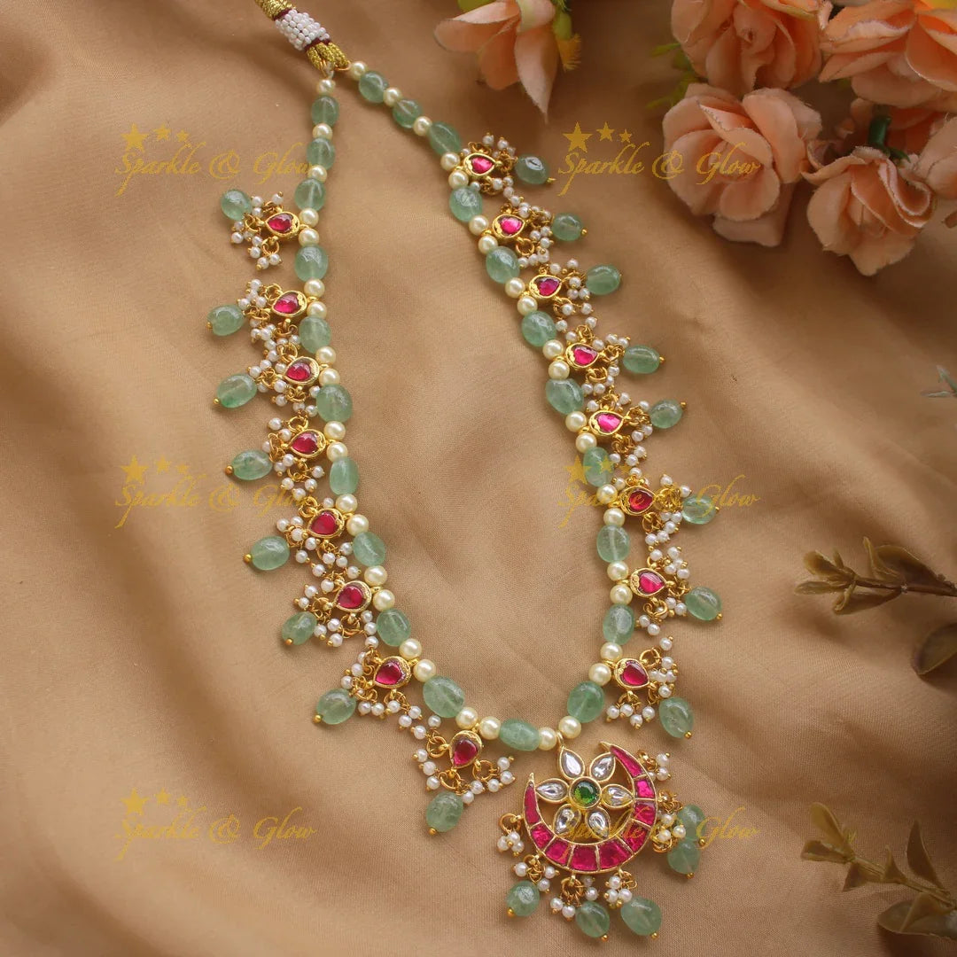 Stunning Half moon Floral short necklace with Mint green beads - Sparkle and Glow