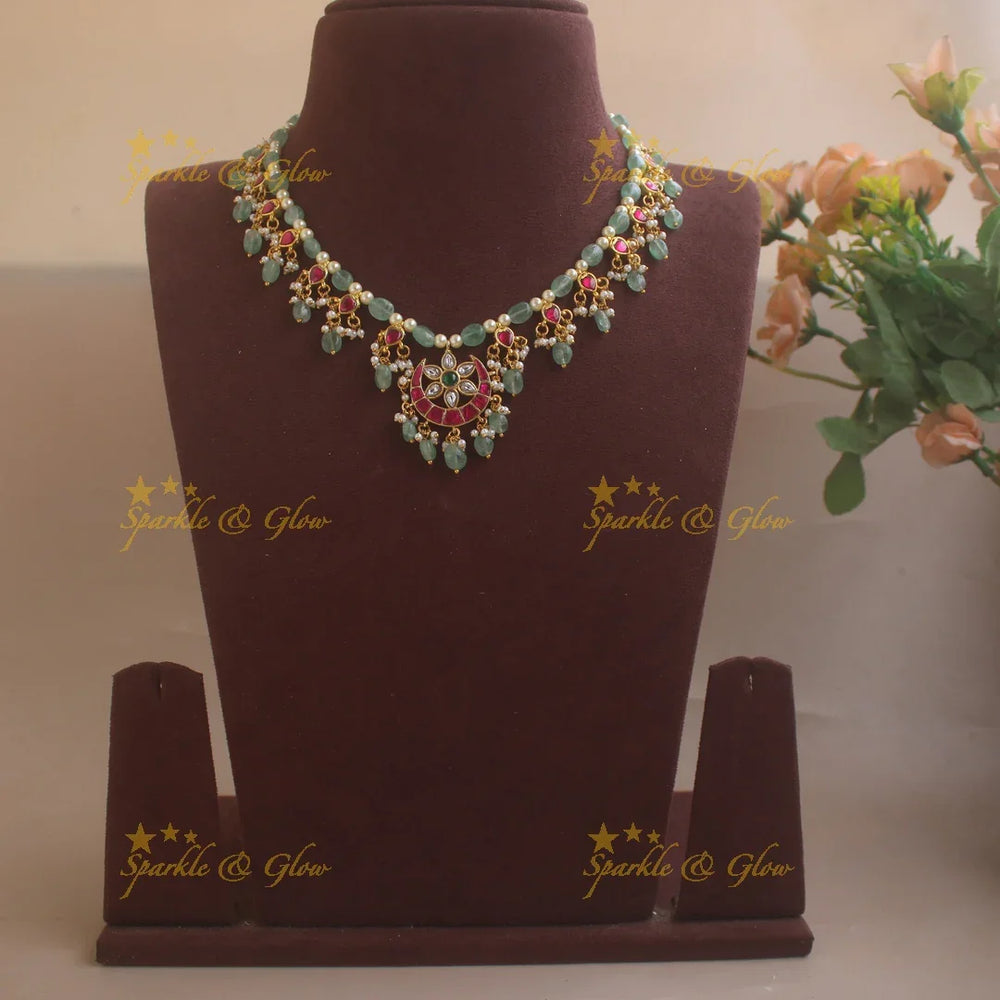 Stunning Half moon Floral short necklace with Mint green beads - Sparkle and Glow