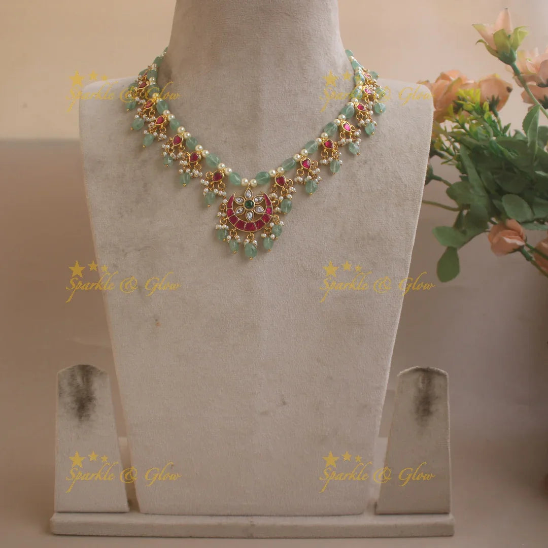 Stunning Half moon Floral short necklace with Mint green beads - Sparkle and Glow
