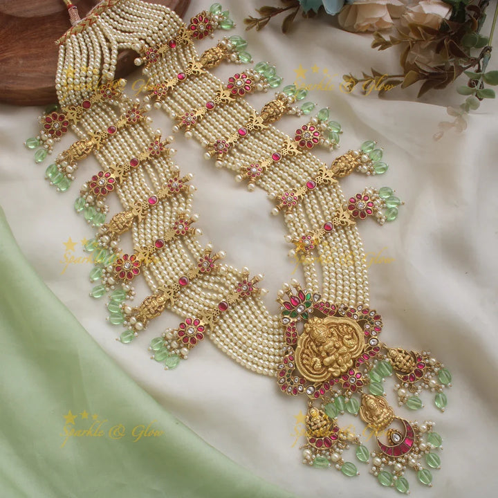Grand Intricate Idol Lakshmi Floral Jadau Rani Haram with multilayered Pearl beads chain - Sparkle and Glow