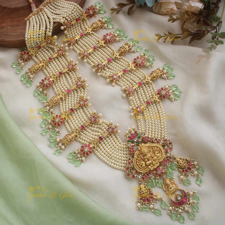 Grand Intricate Idol Lakshmi Floral Jadau Rani Haram with multilayered Pearl beads chain - Sparkle and Glow