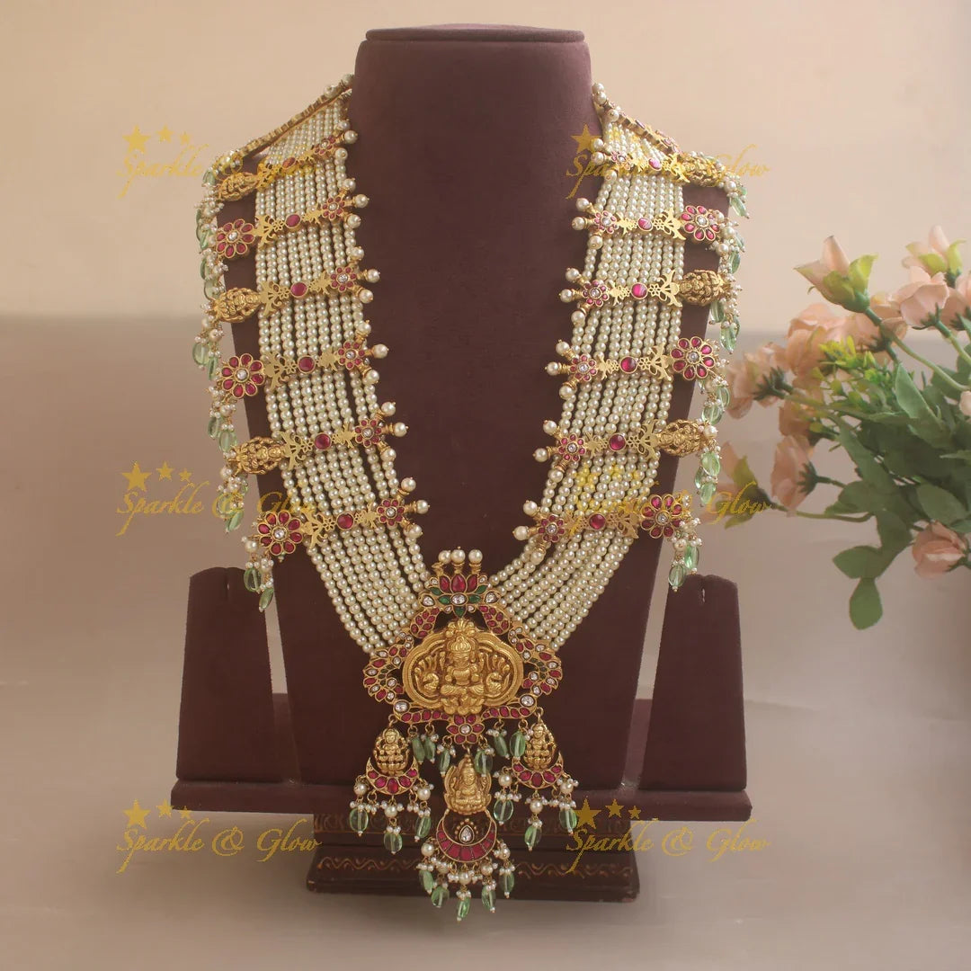 Grand Intricate Idol Lakshmi Floral Jadau Rani Haram with multilayered Pearl beads chain - Sparkle and Glow