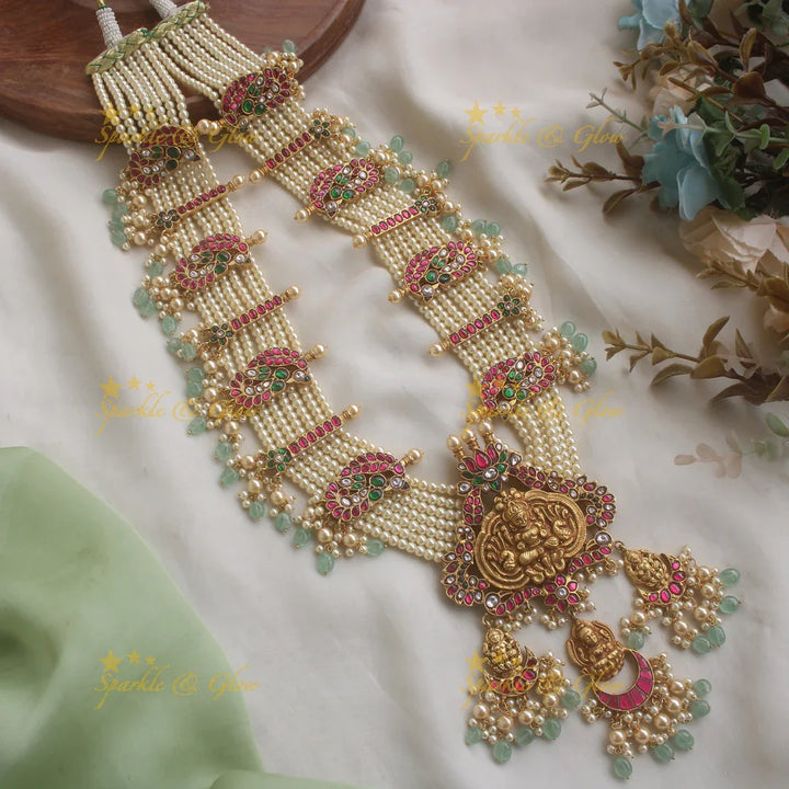 Grand Intricate Idol Lakshmi Peacock Floral Jadau Rani Haram with multilayered Pearl beads chain - Sparkle and Glow
