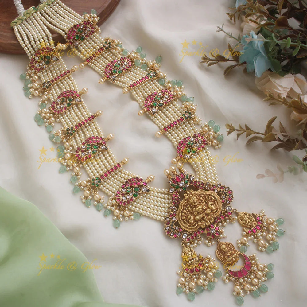 Grand Intricate Idol Lakshmi Peacock Floral Jadau Rani Haram with multilayered Pearl beads chain - Sparkle and Glow
