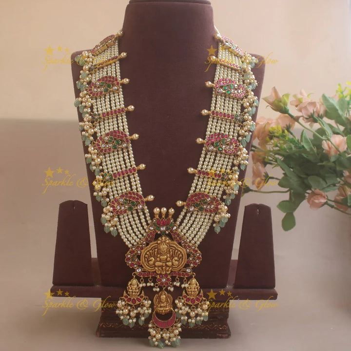 Grand Intricate Idol Lakshmi Peacock Floral Jadau Rani Haram with multilayered Pearl beads chain - Sparkle and Glow