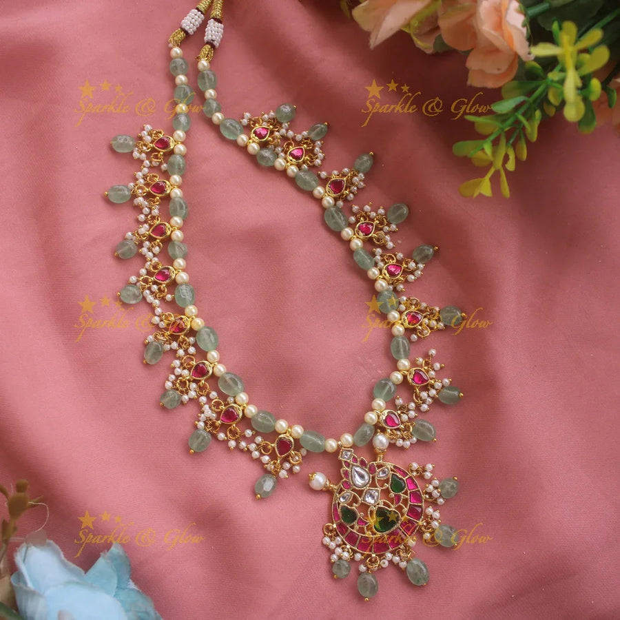 Intricately carved Moon Floral Beaded short necklace with mint green beads - Sparkle and Glow