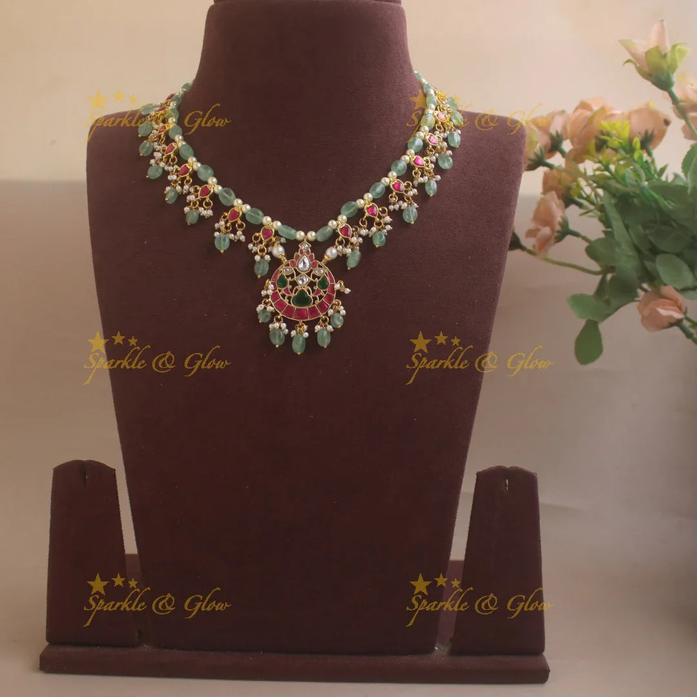 Intricately carved Moon Floral Beaded short necklace with mint green beads - Sparkle and Glow