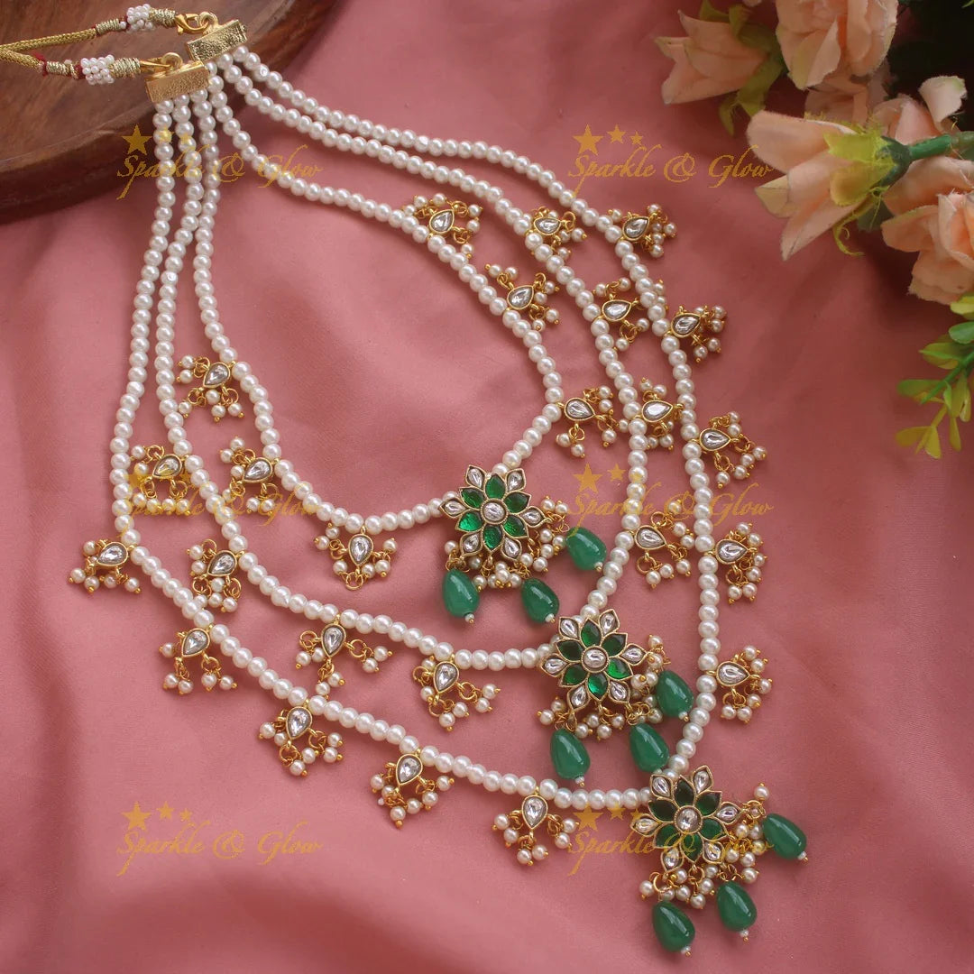 Elegant Three layered Floral Rani Haram with pearl drops - Sparkle and Glow