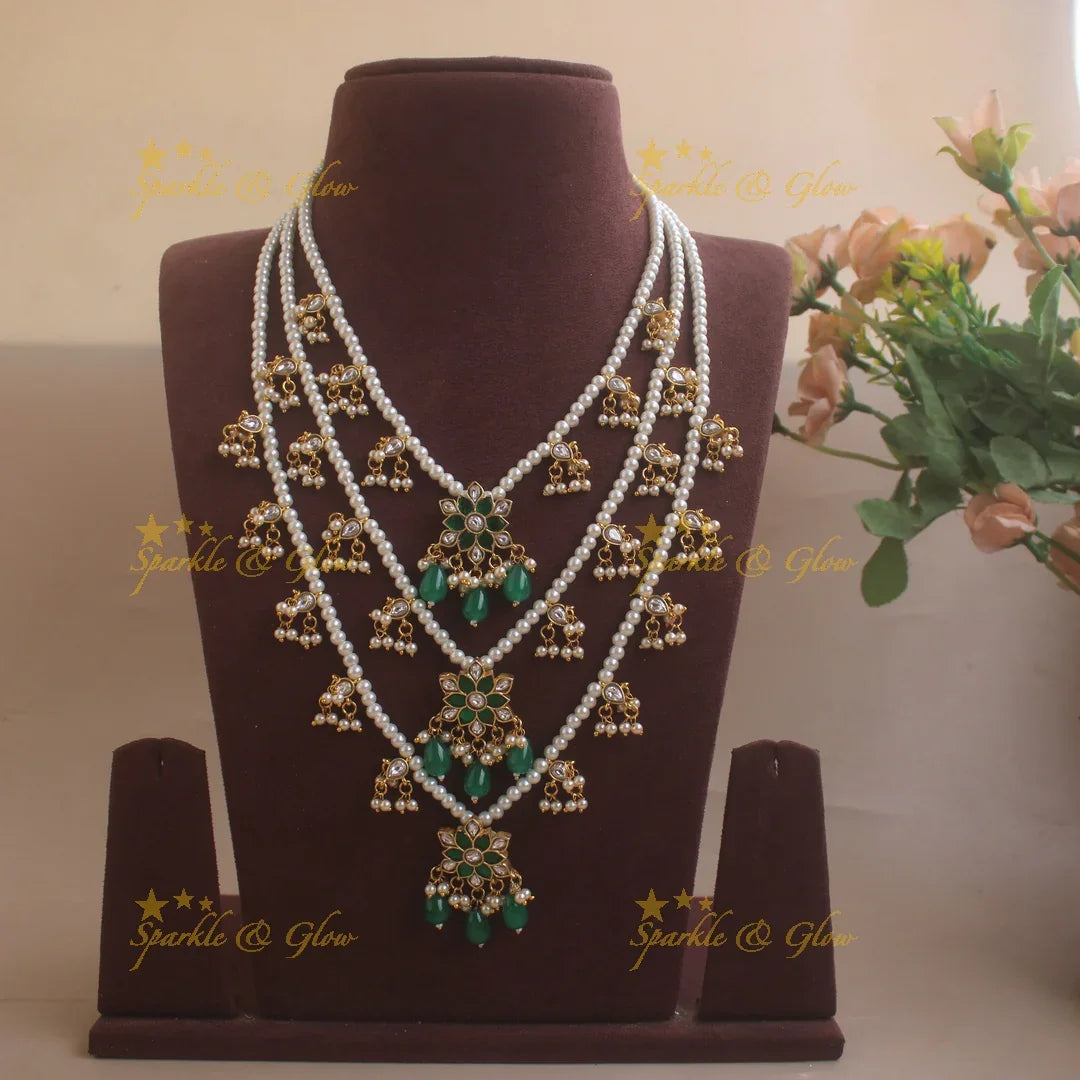 Elegant Three layered Floral Rani Haram with pearl drops - Sparkle and Glow