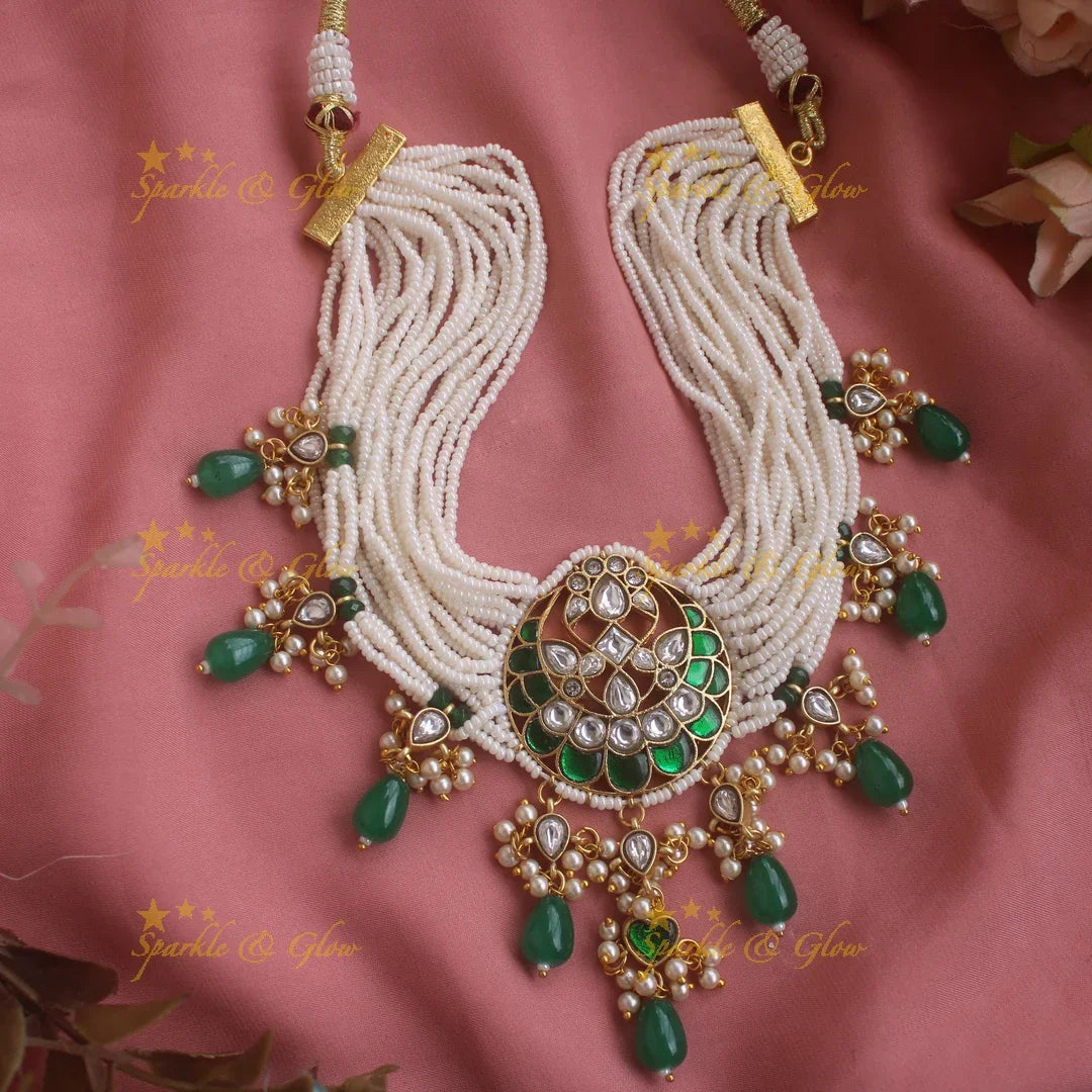 Intricately carved Multilayered Emerald Floral Choker with Green beads - Sparkle and Glow