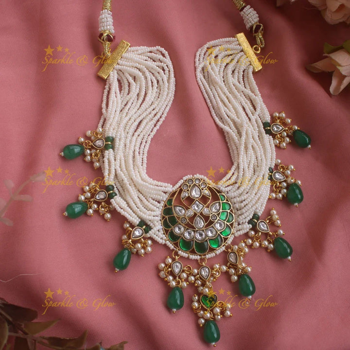 Intricately carved Multilayered Emerald Floral Choker with Green beads - Sparkle and Glow