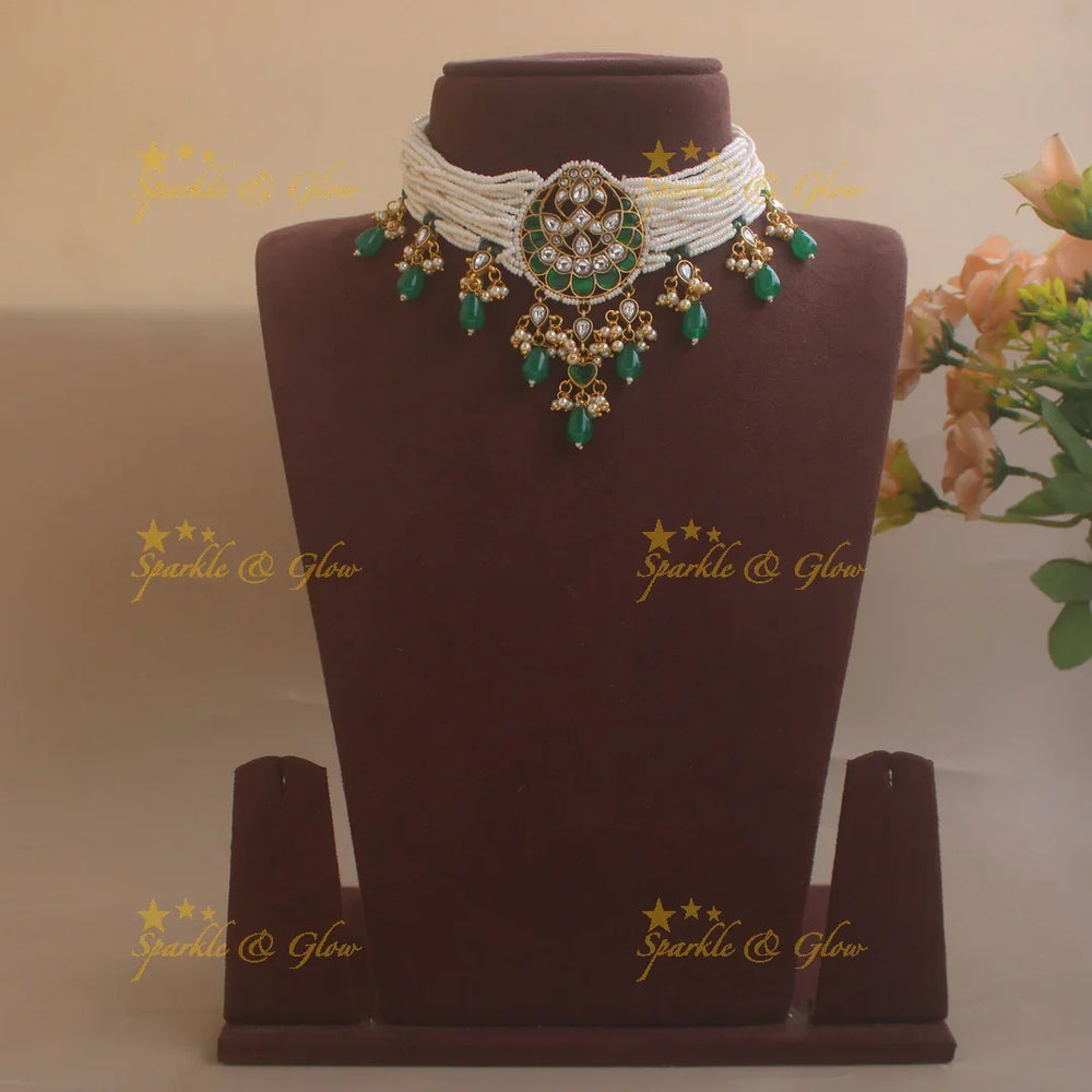 Intricately carved Multilayered Emerald Floral Choker with Green beads - Sparkle and Glow