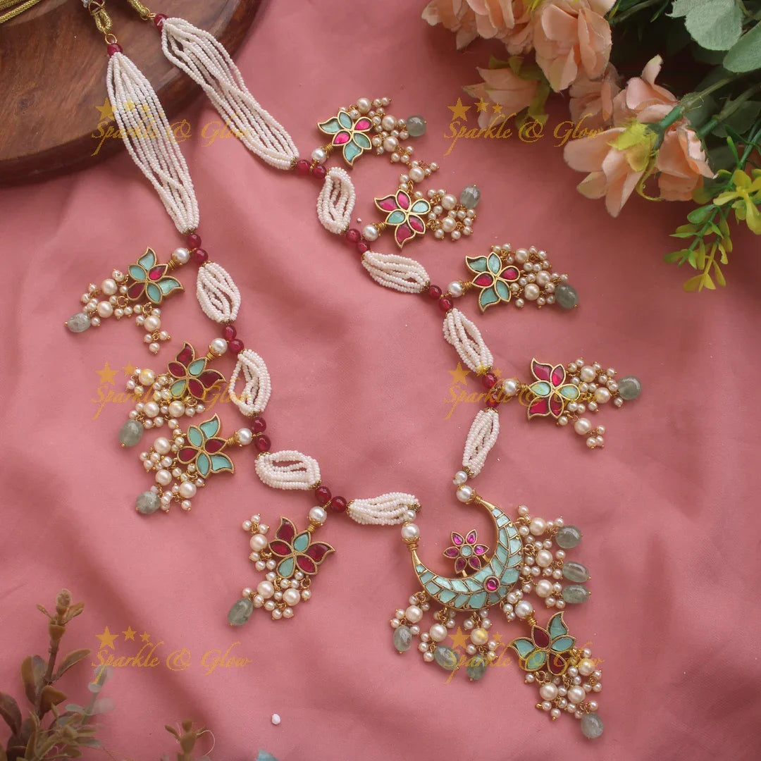 Sparkling Half moon Lotus design Multi layered Pearl Haram with pearls and green beads - Sparkle and Glow