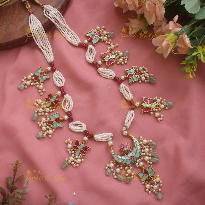 Sparkling Half moon Lotus design Multi layered Pearl Haram with pearls and green beads - Sparkle and Glow