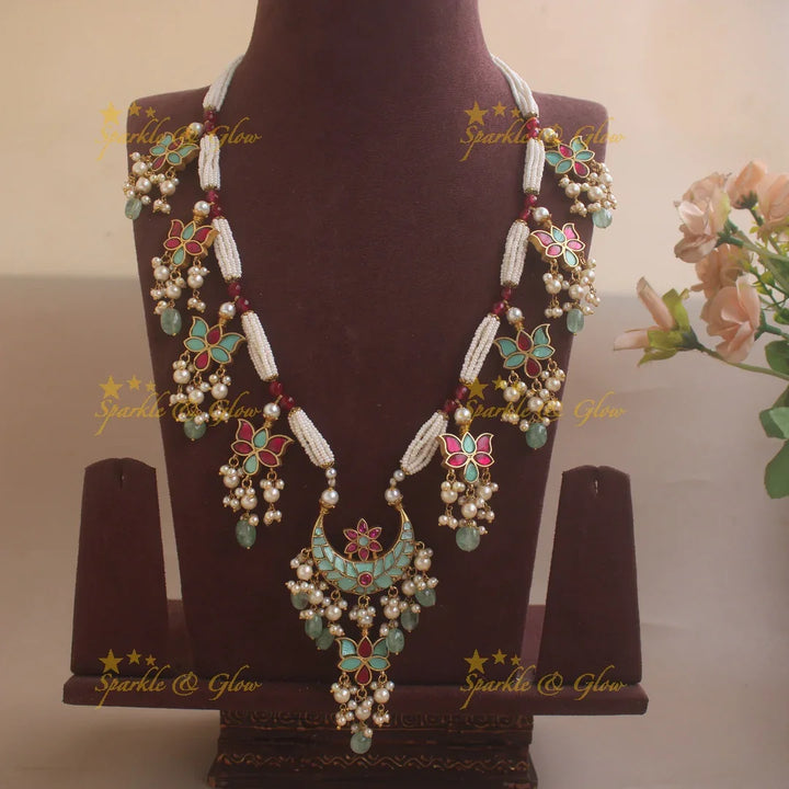 Sparkling Half moon Lotus design Multi layered Pearl Haram with pearls and green beads - Sparkle and Glow