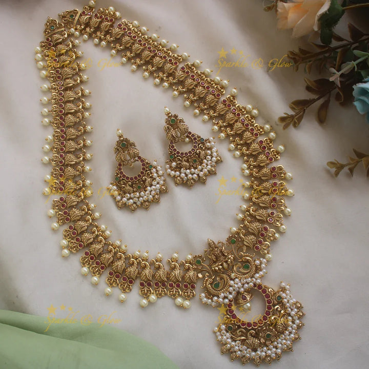 Elegant Idol Lakshmi Peacock carved Haram with Pearl drops - Sparkle and Glow