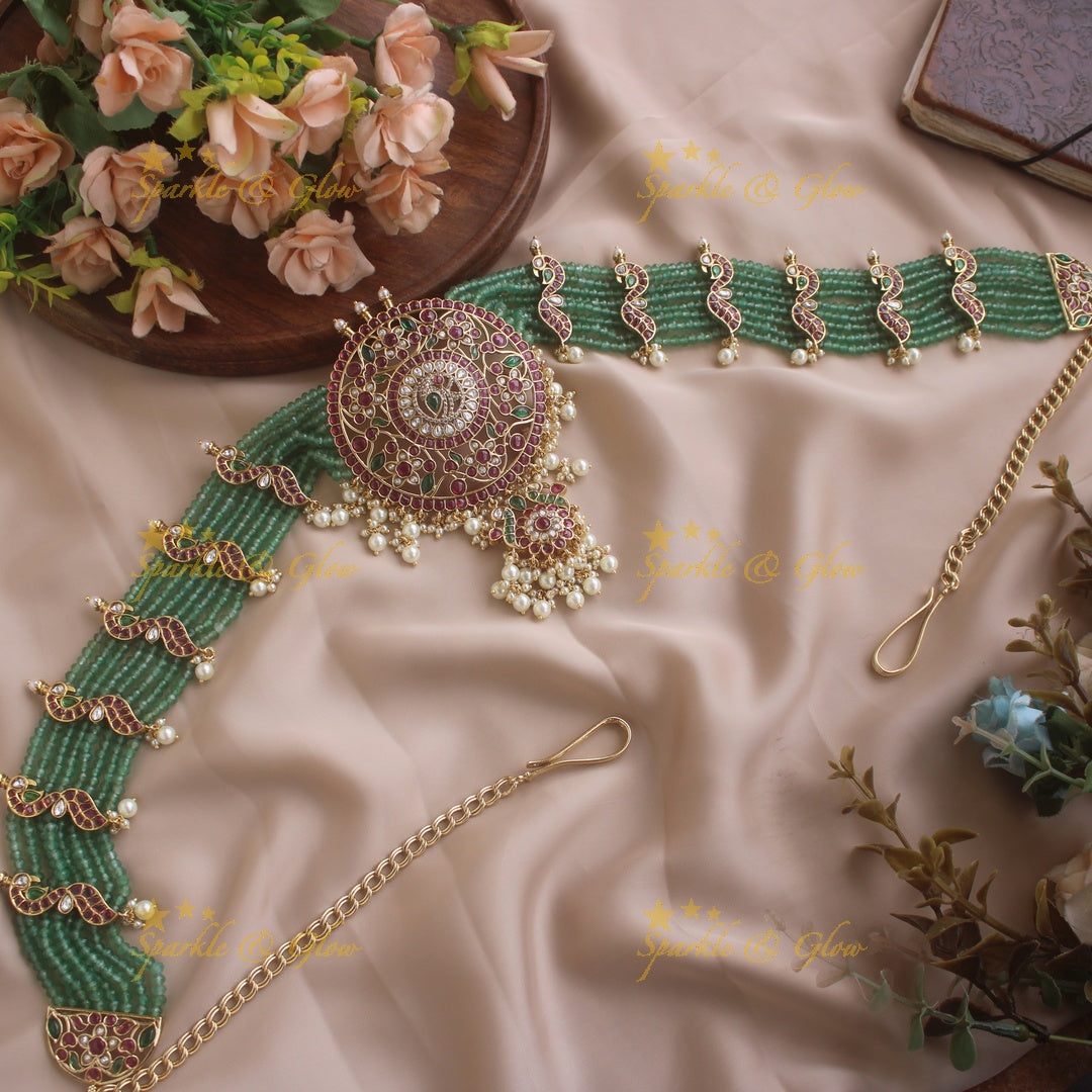 Gorgeous Floral peacock design jadau hipchain with pearl drops and multi layer green beads chain