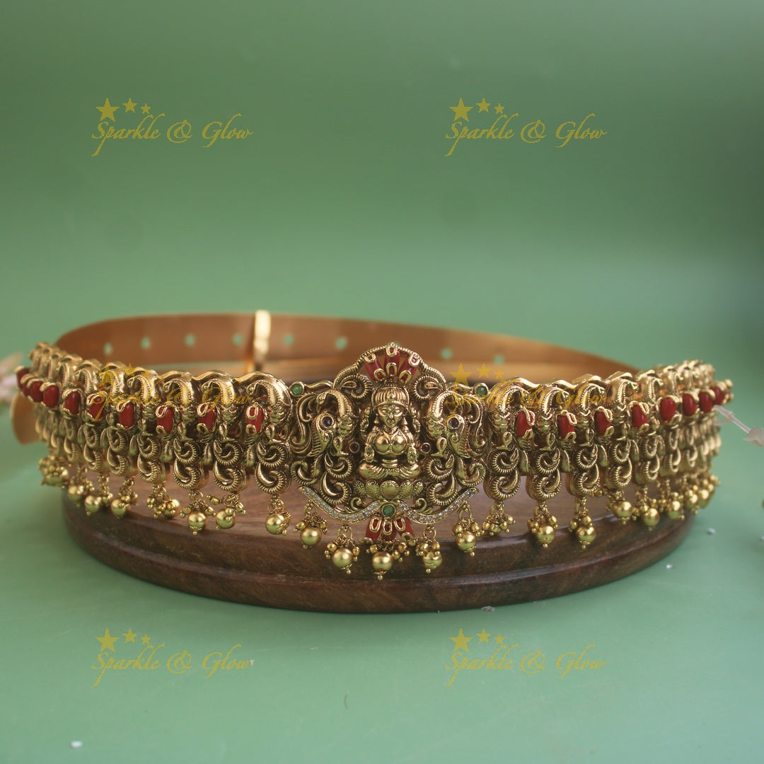 Beautiful Lakshmi peacock carved hipbelt with coral beads