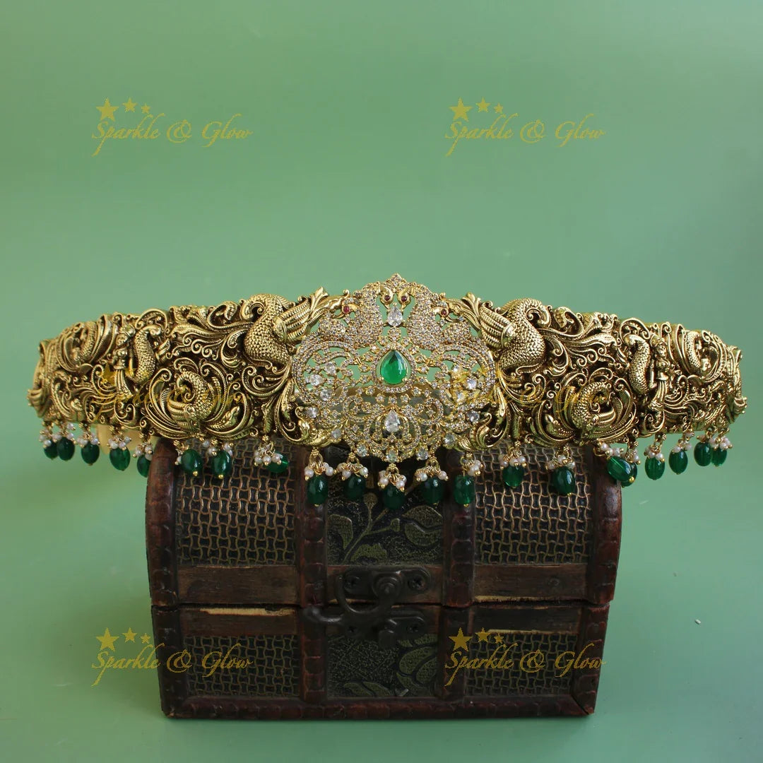 Stunning Peacock carved dual tone victorian AD hipbelt with emerald and beads - Sparkle and Glow
