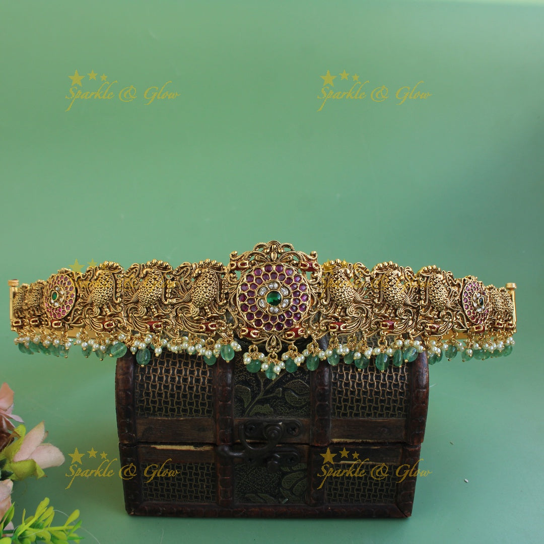 Beautiful Peacock carved kemp stone hipbelt with pearls and mint green beads