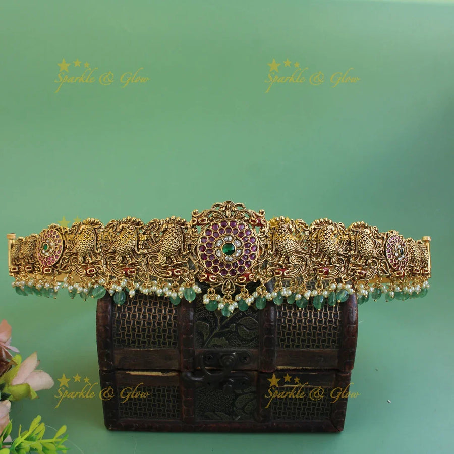 Beautiful Peacock carved kemp stone hipbelt with pearls and mint green beads - Sparkle and Glow
