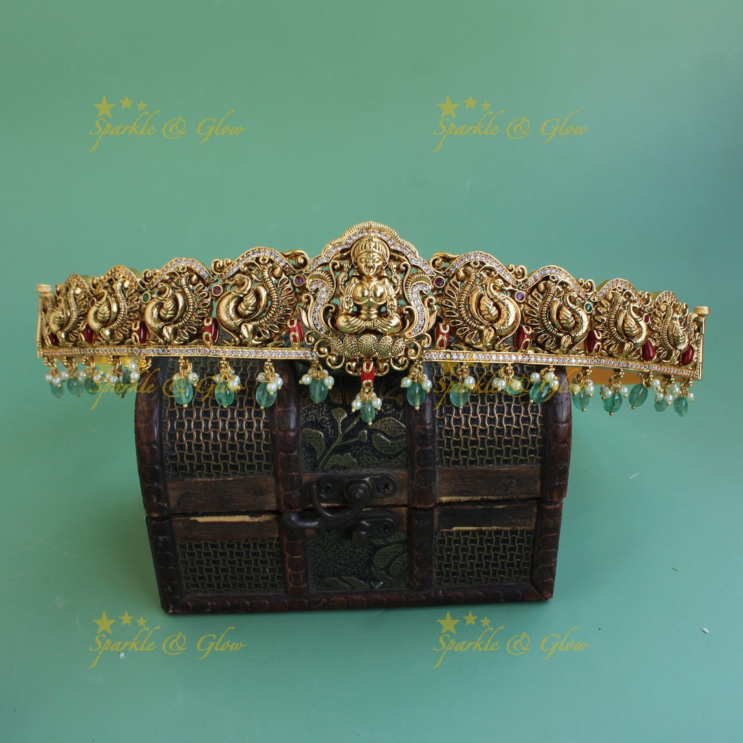 Exquisite Lakshmi Peacock carved hipbelt with CZ stones coral and mint green beads