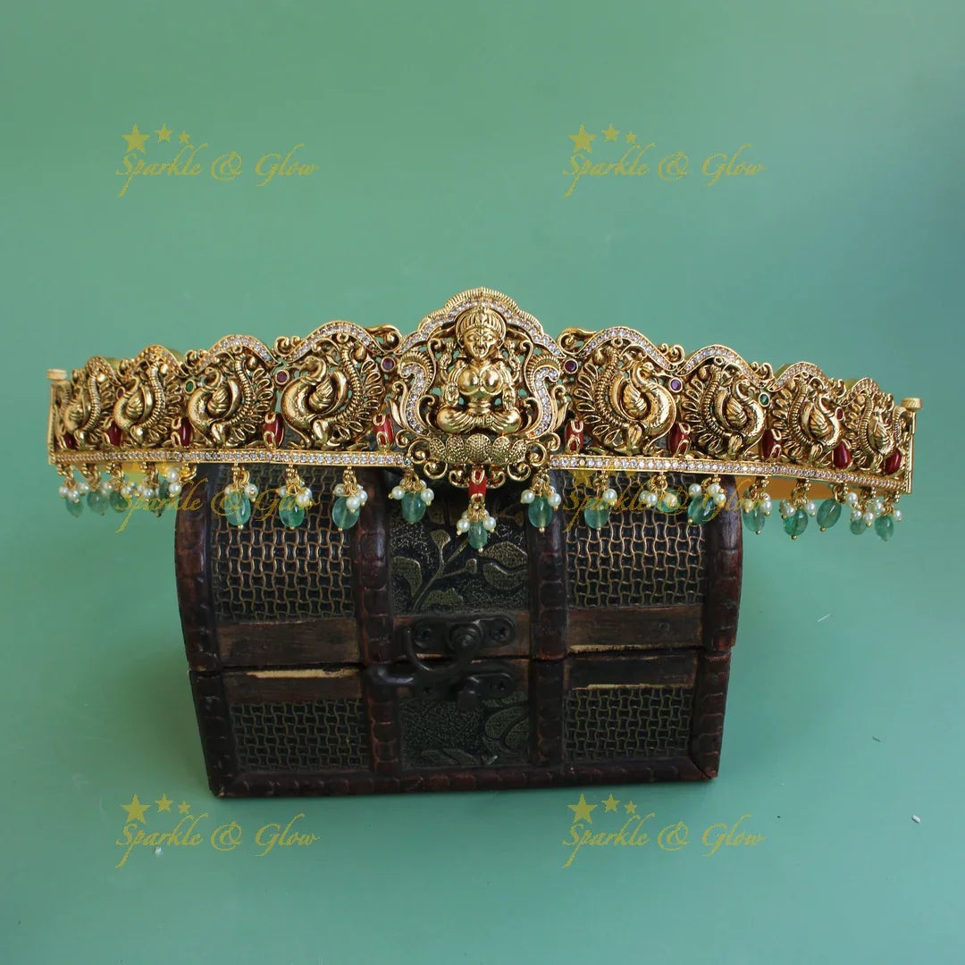 Exquisite Lakshmi Peacock carved hipbelt with CZ stones coral and mint green beads - Sparkle and Glow