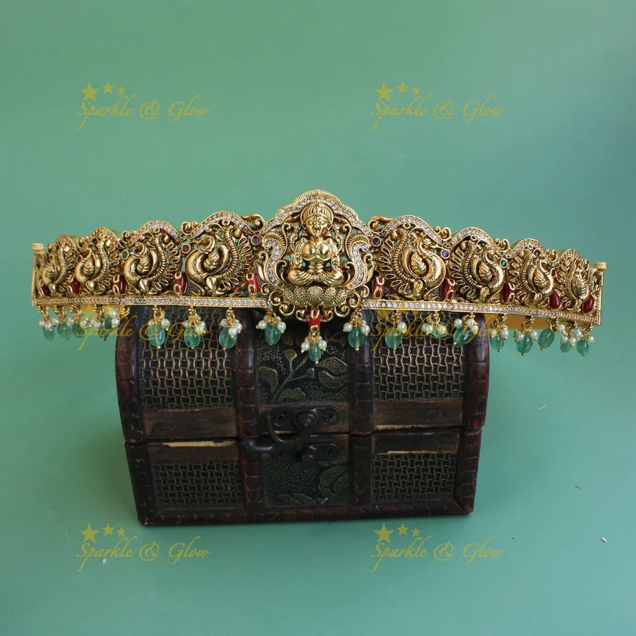 Exquisite Lakshmi Peacock carved hipbelt with CZ stones coral and mint green beads - Sparkle and Glow