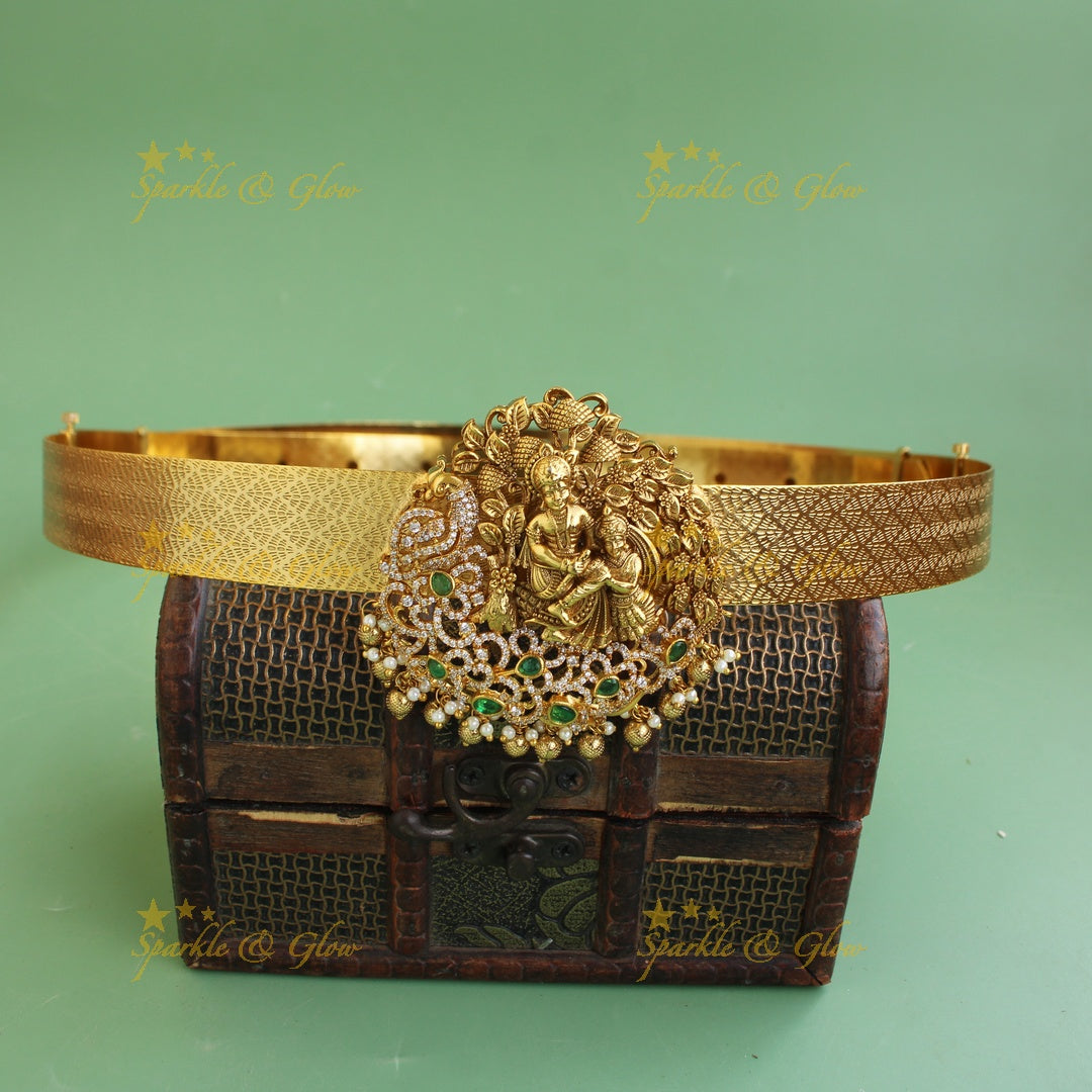 Gold alike Krishna Peacock carved pendant type hipbelt with CZ stone pearls and gold beads