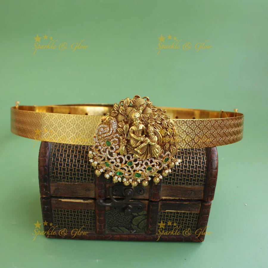 Gold alike Krishna Peacock carved pendant type hipbelt with CZ stone pearls and gold beads - Sparkle and Glow