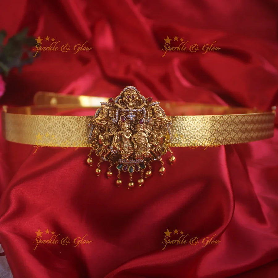 Gorgeous Radha Krishna carved pendant type hipbelt with CZ stone and gold beads - Sparkle and Glow