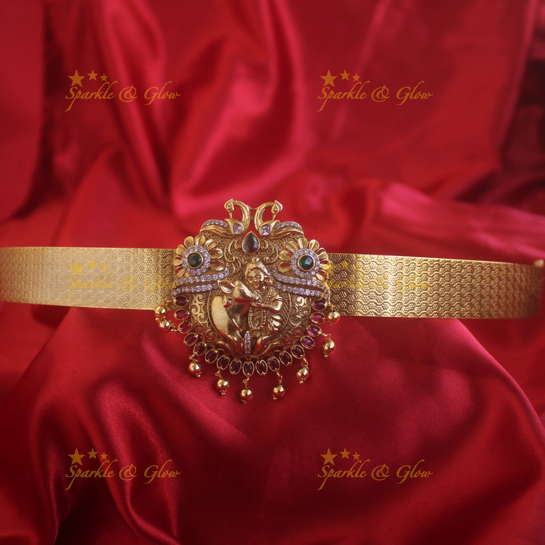 Statement Krishna with cow carved pendant type hipbelt with CZ stone and gold beads