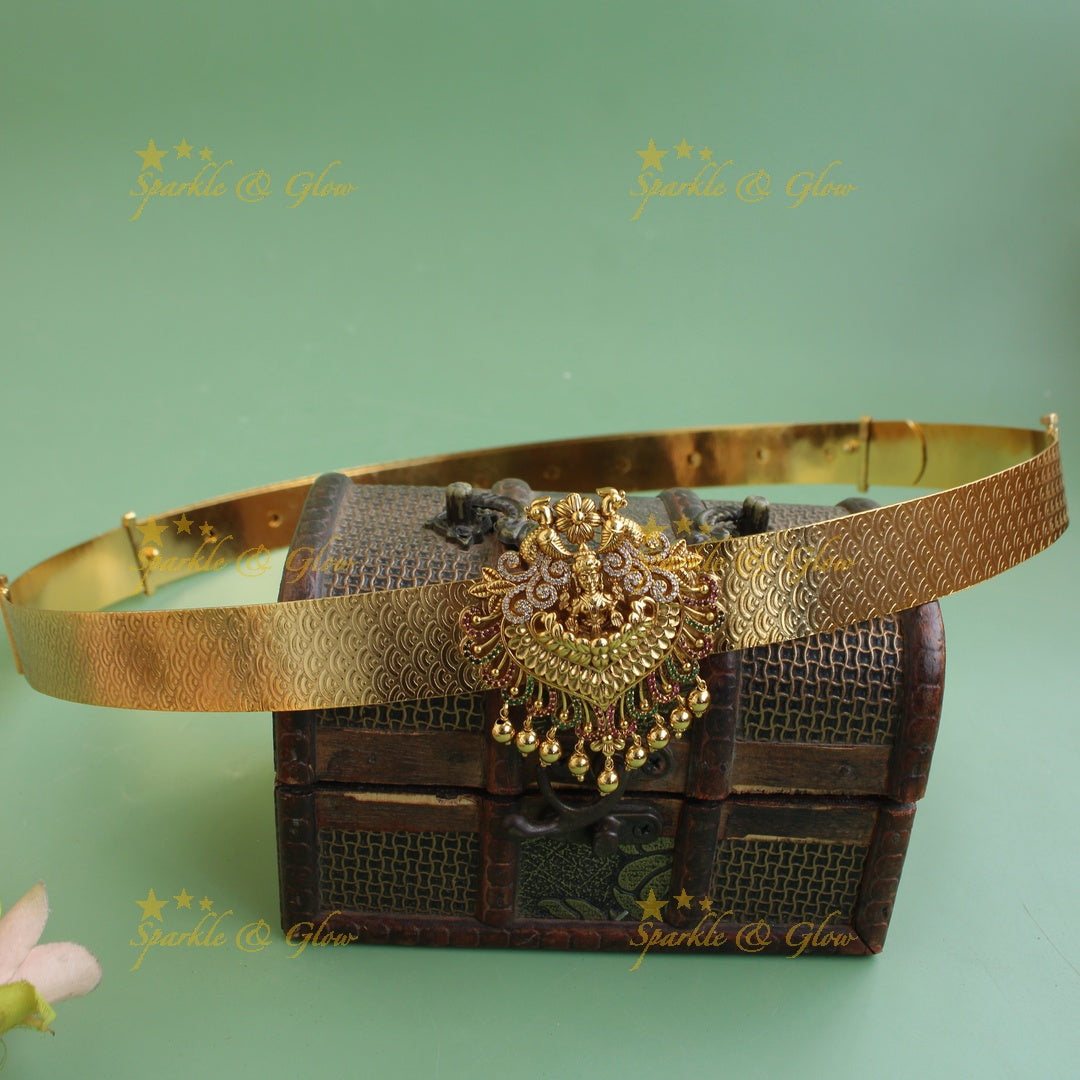 Elegant Lakshmi peacock carved pendant type hipbelt with CZ stone and gold beads