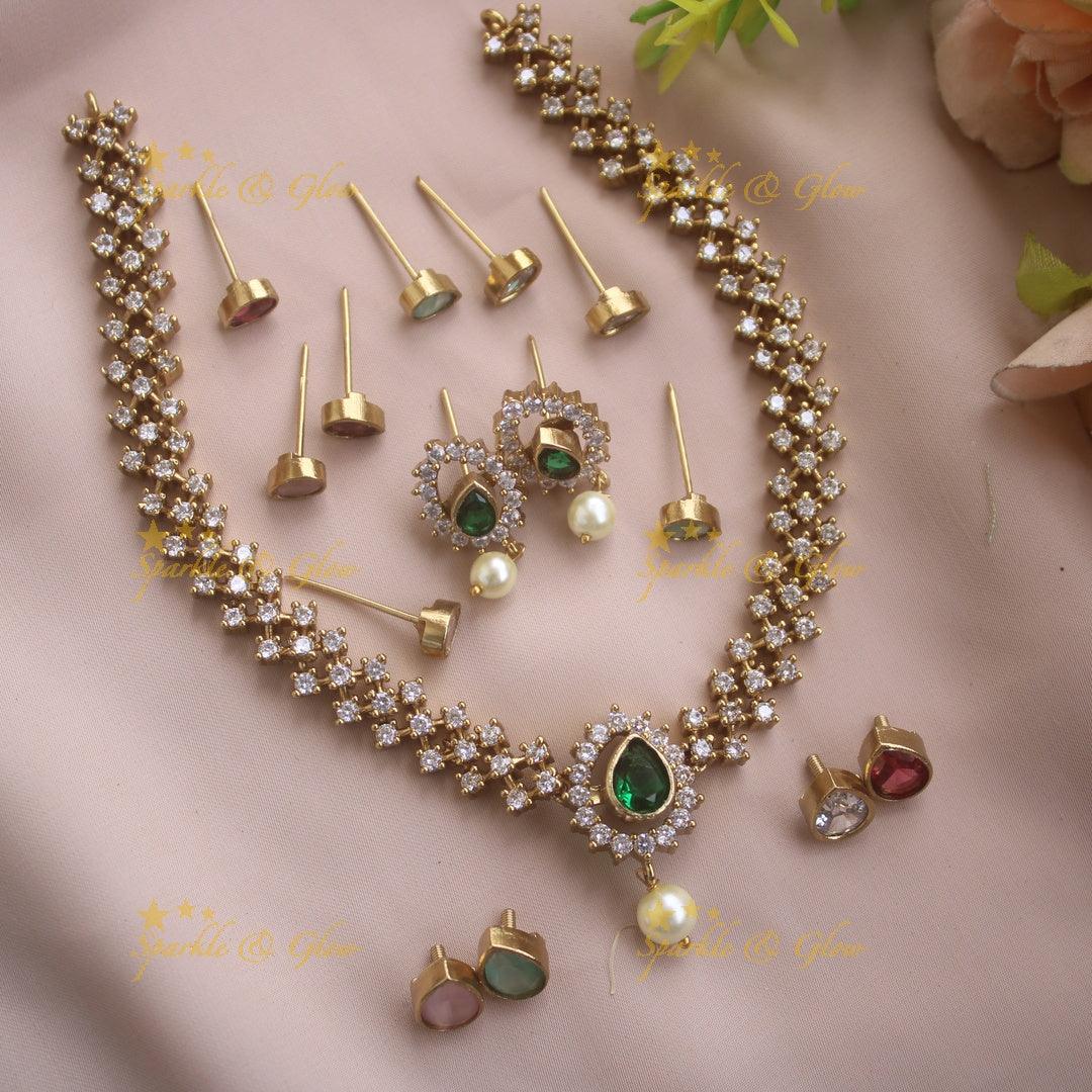 Elegant Leaf design AD short necklace with multi colour interchangeable stones with pearl drop - Sparkle and Glow