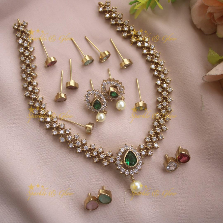 Elegant Leaf design AD short necklace with multi colour interchangeable stones with pearl drop - Sparkle and Glow
