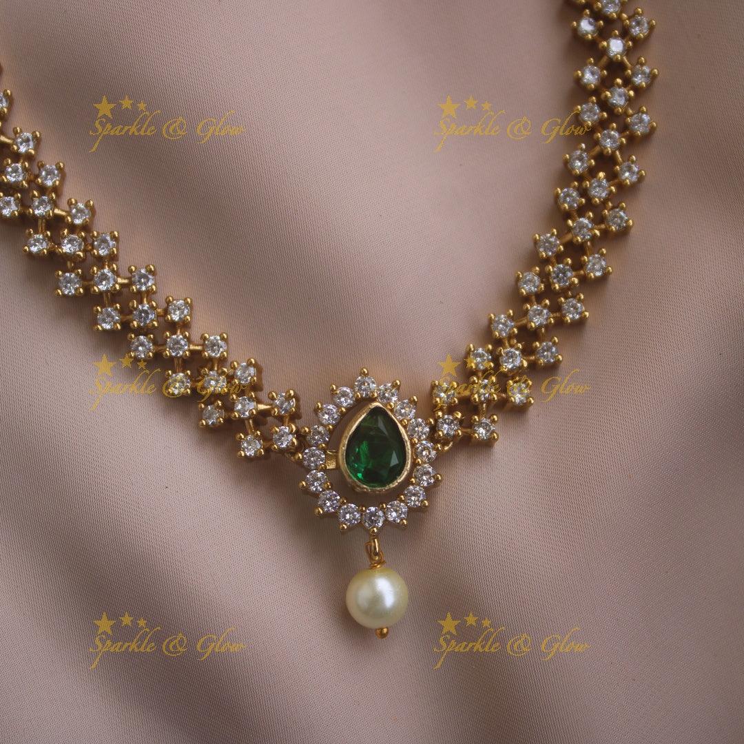 Elegant Leaf design AD short necklace with multi colour interchangeable stones with pearl drop - Sparkle and Glow