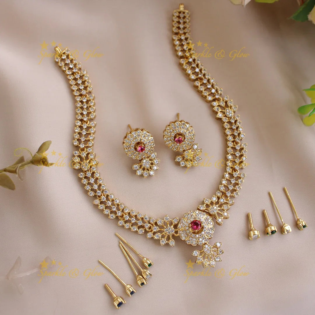 Stunning Floral and leaflet design AD short necklace with multi colour interchangeable stones - Sparkle and Glow