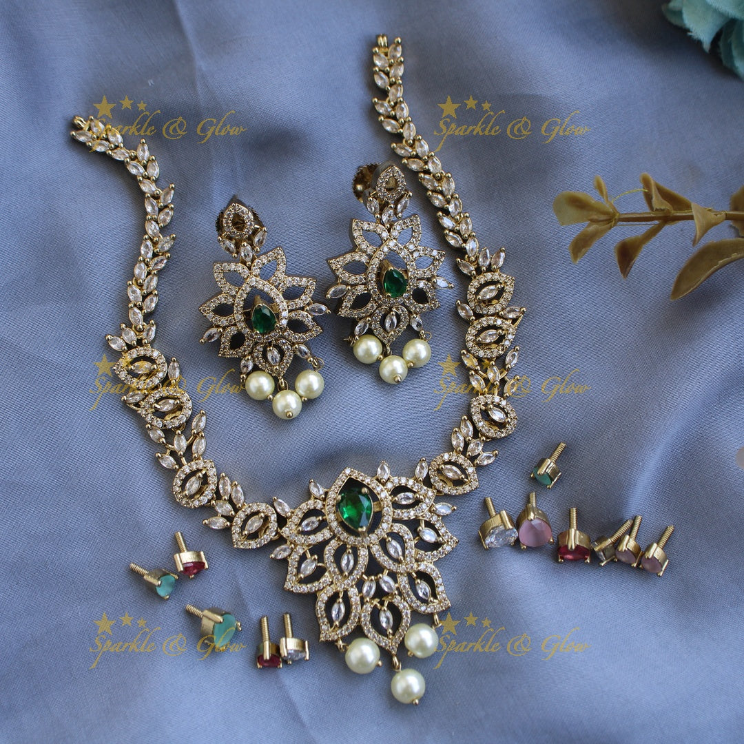 Beautiful Floral and leaf design AD short necklace with multi colour interchangeable stones