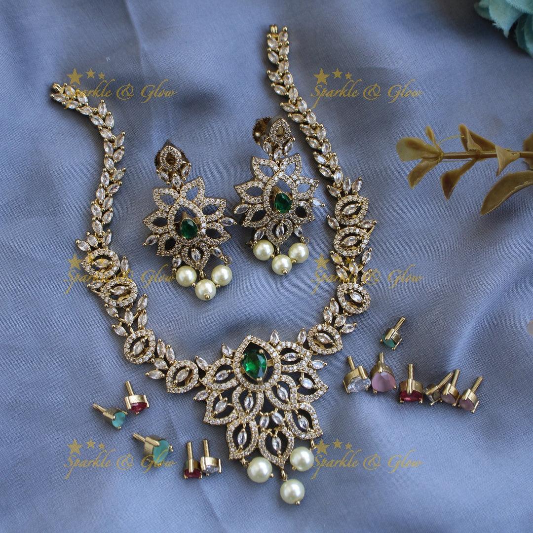 Beautiful Floral and leaf design AD short necklace with multi colour interchangeable stones - Sparkle and Glow