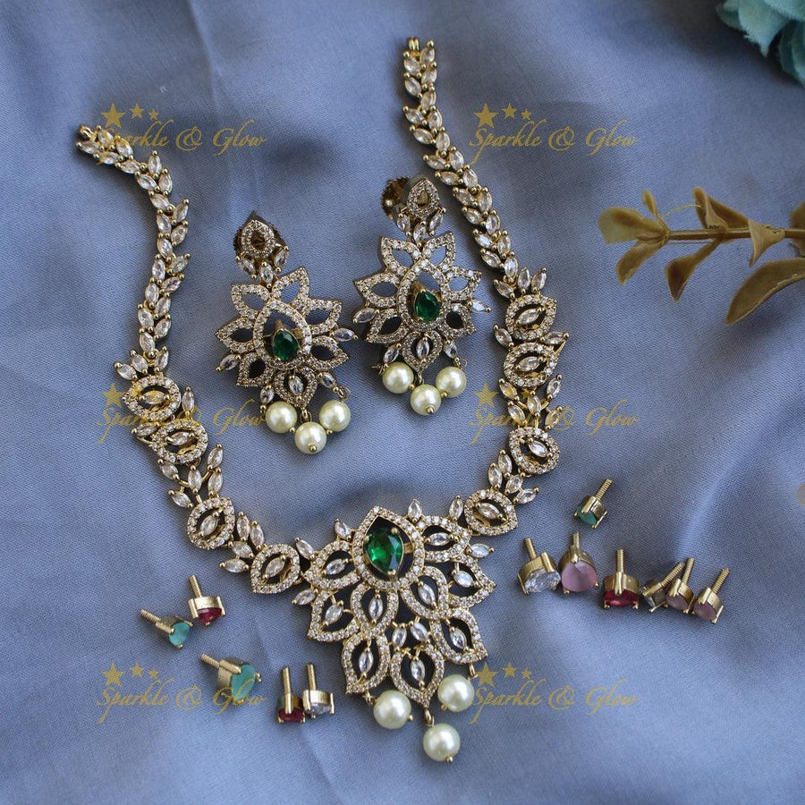 Beautiful Floral and leaf design AD short necklace with multi colour interchangeable stones - Sparkle and Glow