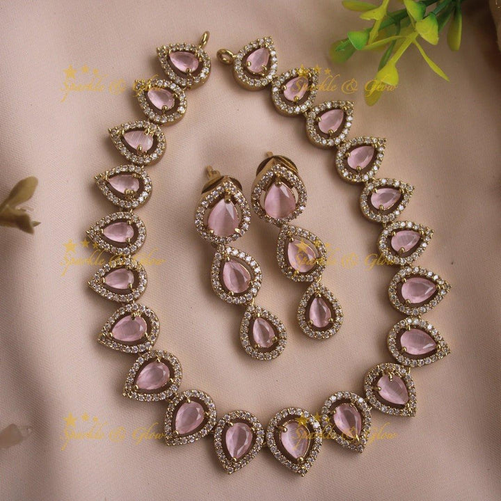 Elegant Water drop design AD short necklace with pink stones - Sparkle and Glow