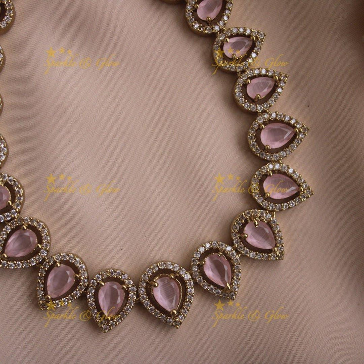 Elegant Water drop design AD short necklace with pink stones - Sparkle and Glow