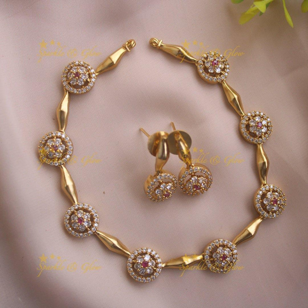 Beautiful Floral and ciircle design AD short necklace with ruby stones - pink - Sparkle and Glow