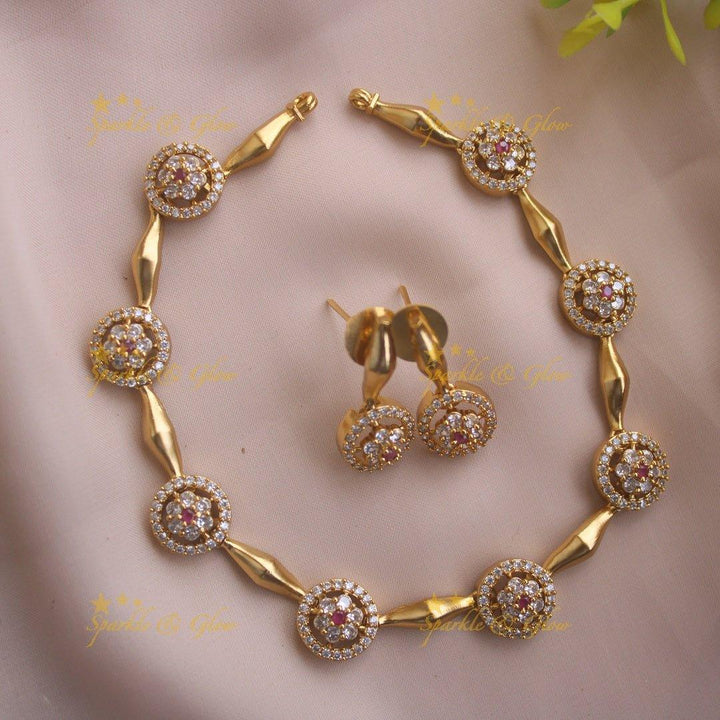 Beautiful Floral and ciircle design AD short necklace with ruby stones - pink - Sparkle and Glow