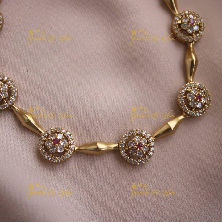 Beautiful Floral and ciircle design AD short necklace with ruby stones - pink - Sparkle and Glow