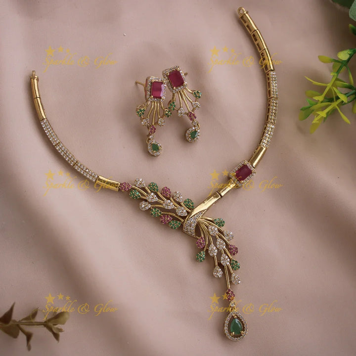 Gorgeous Leaf design AD short necklace with ruby emerald and stone drop - Sparkle and Glow
