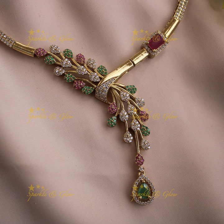 Gorgeous Leaf design AD short necklace with ruby emerald and stone drop - Sparkle and Glow