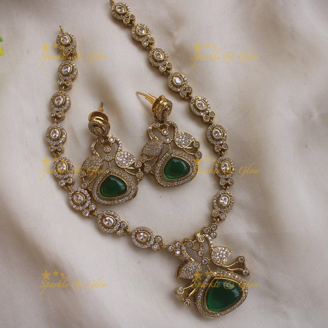 Beautiful Peacock and oval design AD short necklace with ruby stones - red - Sparkle and Glow