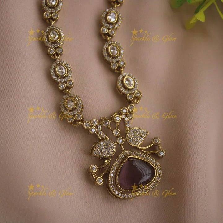 Beautiful Peacock and oval design AD short necklace with ruby stones - red - Sparkle and Glow